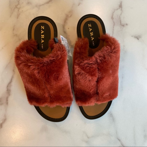 ZARA Faux Fur Block Heel Mule Brick Merlot Berry Maroon - Picture 3 of 9